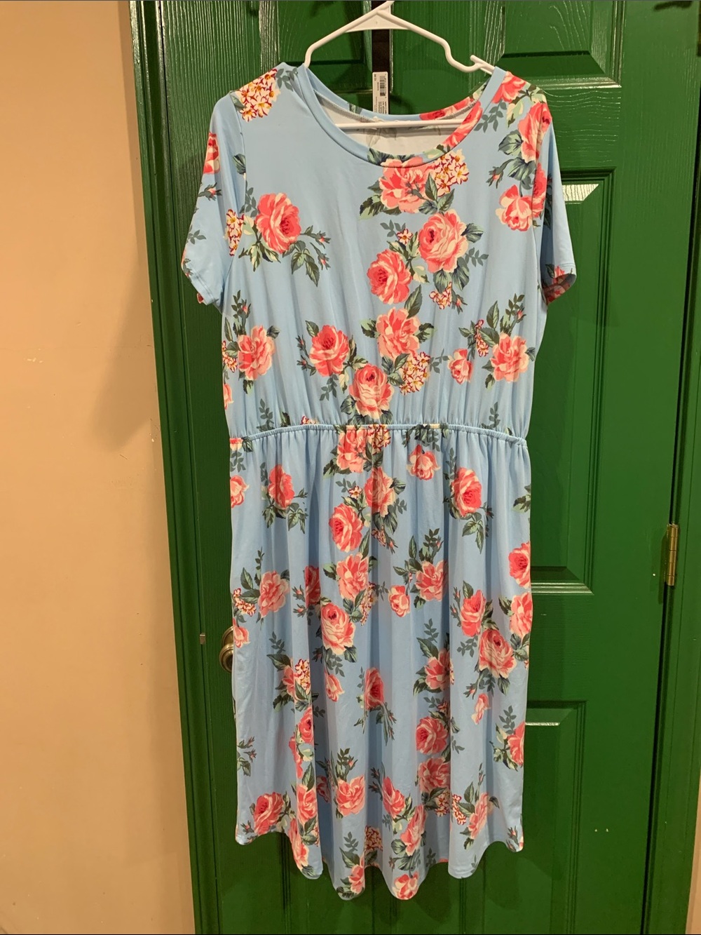 Light Blue Floral Midi Dress with Pink Rose Print